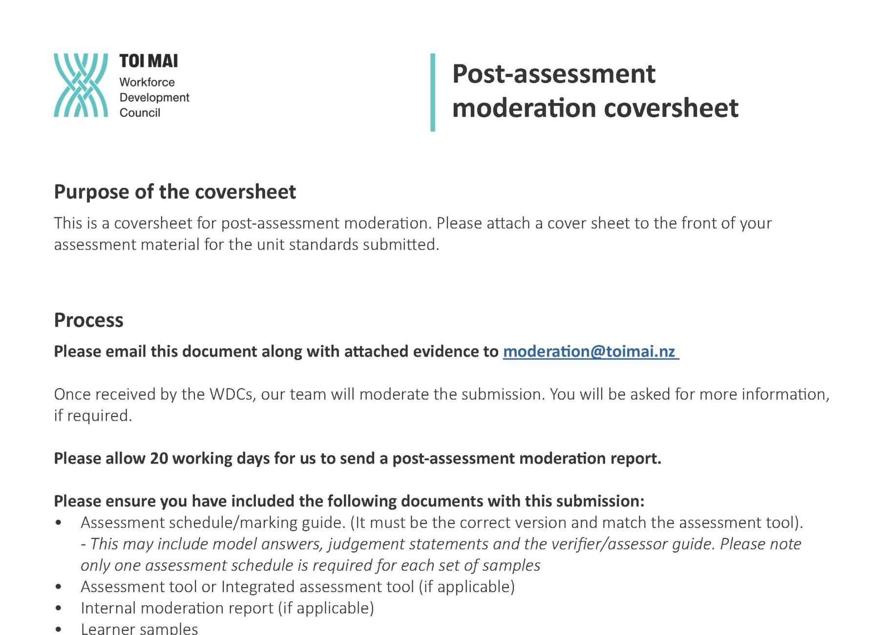 Post-moderation coversheet - Toi Mai